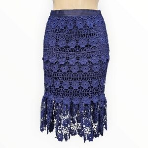 AQUA Blue Floral Crochet Lace Pencil Skirt Ruffled Hem Size S
